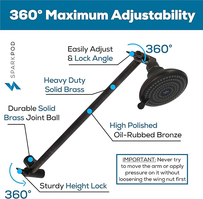 SparkPod 16" Solid Brass Shower Head Extension Arm - Flexible Height & Angle Adjustable Shower Arm Extension for Rain Showerheads with Sturdy Lock - Universal Pipe Connection (Oil-Rubbed Bronze)