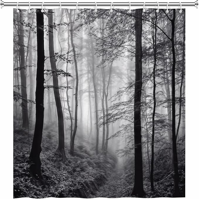 Misty Forest Shower Curtain Black White Foggy Nature Landscape Grey Fantasy Fog Tree Rustic Farmhouse Outdoor Bath Curtain with Hook 90Wx70H Inch