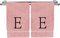 Monogrammed Hand Towel, Personalized Initial Gift, Extra Absorbent 100% Turkish Cotton - Soft Terry Finish - Set of 2 - Black Block Initial E - Embroidered on Pink Towels
