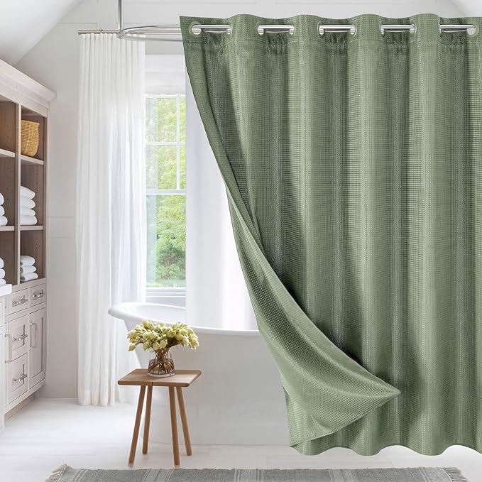 MitoVilla Sage Green Waffle Long Shower Curtain Liner Set 72 x 80, No Hooks Required 80 inch Long Fabric Cloth Shower Curtain Set with Cloth Snap-in Liner for Modern Hotel Bathroom Decor
