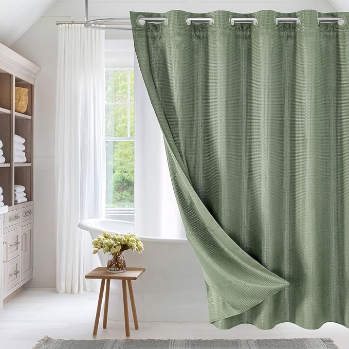 MitoVilla No Hooks Required Sage Green Waffle Shower Curtain Liner Set, Modern Heavyweight Fabric Shower Curtain Set with Snap-in Liner for Hotel Grade Spa-Like Bathroom Decor, 72 x 74