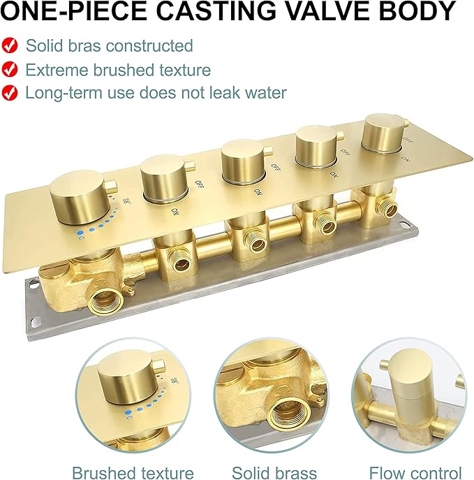 HOMEDEC 4 Way Shower Valve Rough-In and Trim Kit, 5 Handle Control Thermostatic Shower Mixing Valve with Diverter can Work at the Same Time, Brushed Gold