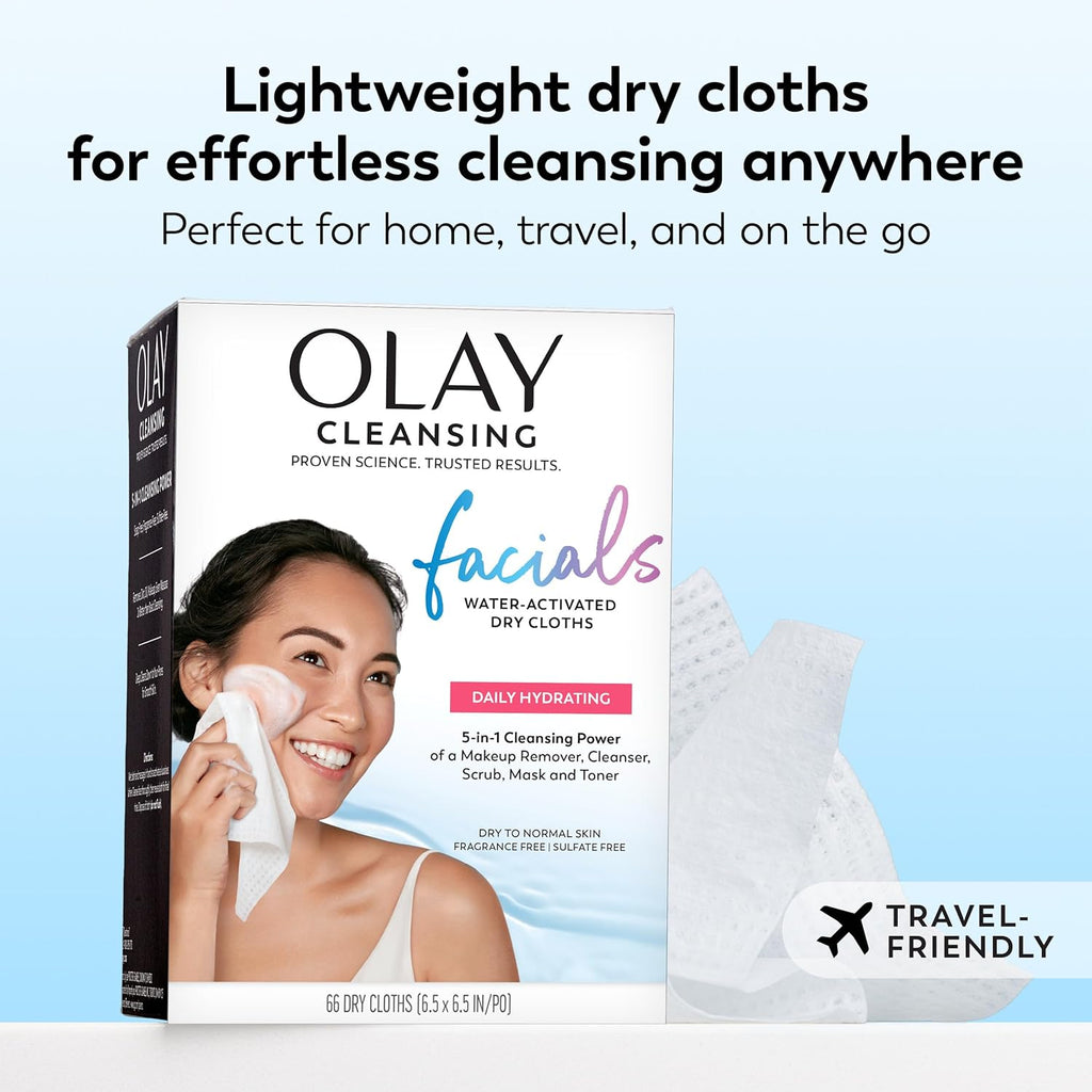 Olay Daily Facials, Daily Clean Makeup Removing Facial Cleansing Wipes, 5-in-1 Water Activated Cloths, Exfoliates, Tones and Hydrates Skin, 66 count