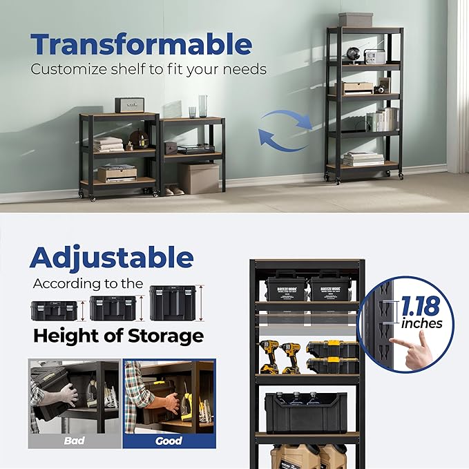 HOMEDANT House 5-Tier Metal Rolling Cart Shelf Rack Casters Heavy Duty Laminated Wheel Shelving Unit Adjustable Utility Storage Shelves Organizer Shelf Kitchen Garage (10, (S) 24.4" W, Black)