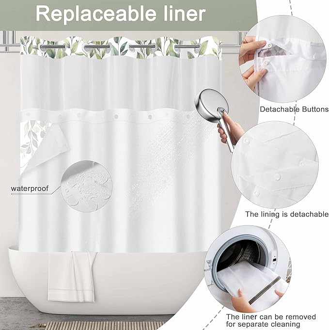 No Hook Shower Curtain and Liner Set, Sage Green Eucalyptus Floral Shower Curtains for Bathroom, Bath Curtain Sets with Snap in Liner, Waterproof with See Through Top Window, 71x74 Inches