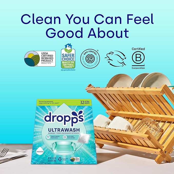 Dropps UltraWash Dishwasher Pods, Unscented (32 Count) - Biobased Power Deep Clean Dishwasher Detergent Tablets for Sparkling Shiny Dishes - No Rinse Aid or Pre-Wash Needed - Dishwashing Pods
