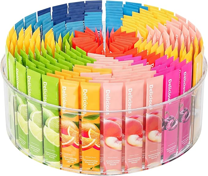 Rotating Drink Mix Organizer, Clear Lazy Susan Turntable for Powder Packet, Water Packet, Water Flavor Packet, Divided Drink Packet Organizer