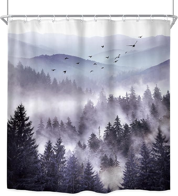 Riyidecor Purple Mountain Shower Curtain 72Wx84H Inch Extra Long Woodland Scenery Park Scene View Natural Foggy Pine Tree Alpine Cool Men Bathroom Decor Fabric Polyester Waterproof 12 Pack Hooks