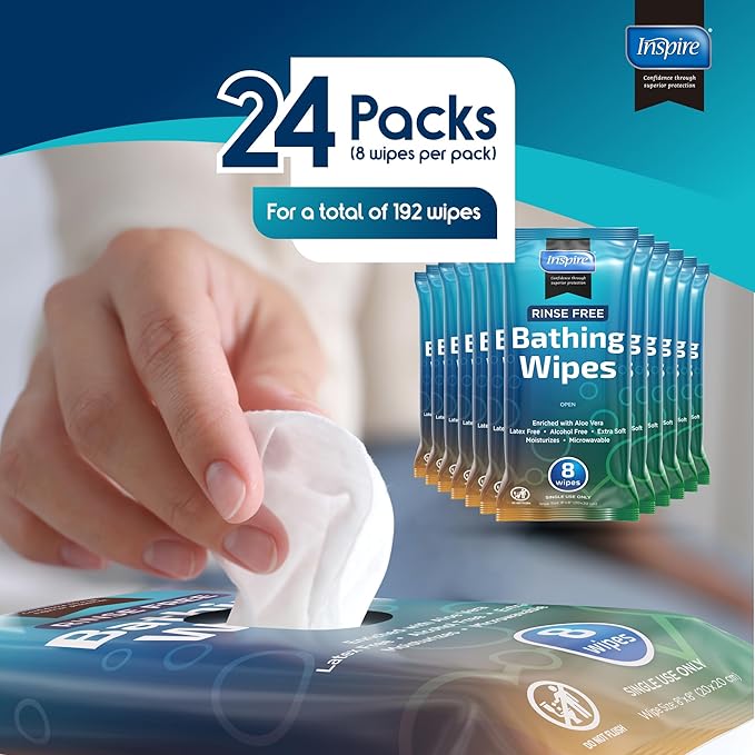 Body Wipes for adults bathing no rinse | Adult Wash Cloths Extra Large, Bathing Wipes for Incontinence, 8"x 8" In (192 count Bulk Pack) | By Inspire