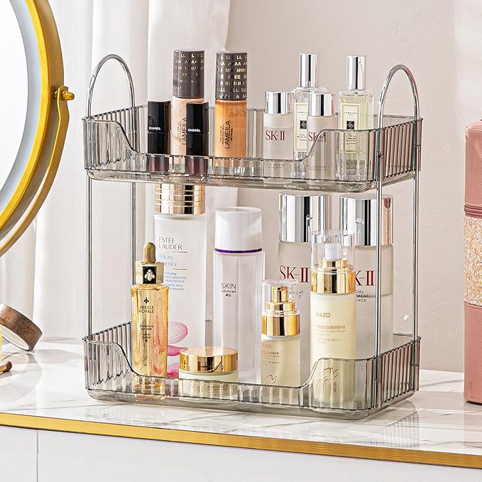 Bathroom Counter Organizer - Countertop Storage, Cosmetics & Skincare Shelf, Makeup Organizer, Perfume Tray, Spice Rack for Kitchen (2 Tier - Grey)