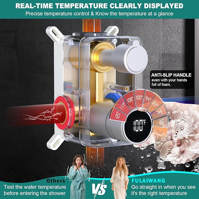 Temperature Display 2 Way Shower Valve Brass Rough-in and Rectangle Trim Kit, Dual Function Digital Shower Mixer Valve, Brushed Nickel
