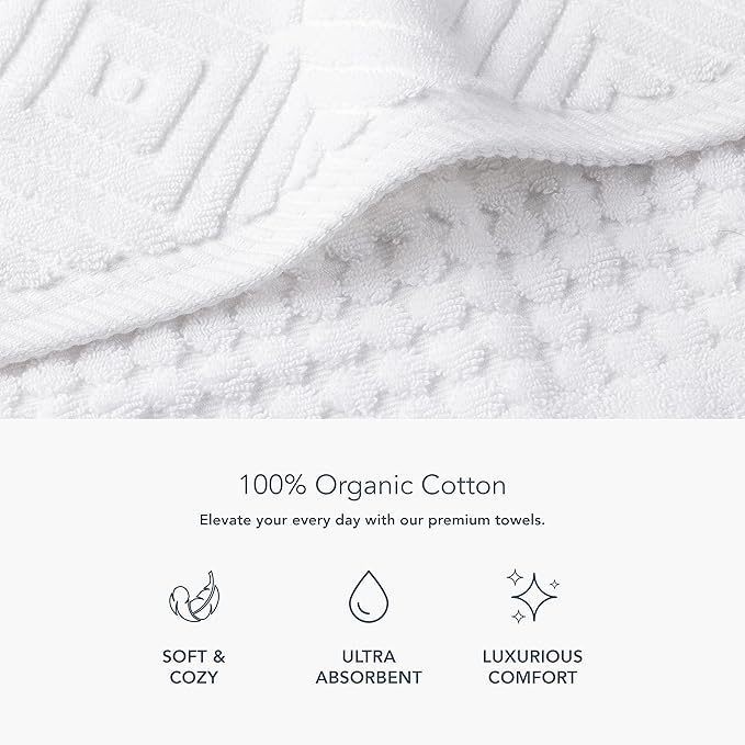 Texere 100% Organic Cotton Diamond Jacquard 700 GSM Luxury Bath Towel Sets, Soft and Absorbent Hotel Quality, Bath Towels, Hand Towels, Washcloths (Diamond, Bright White, 6 Piece)