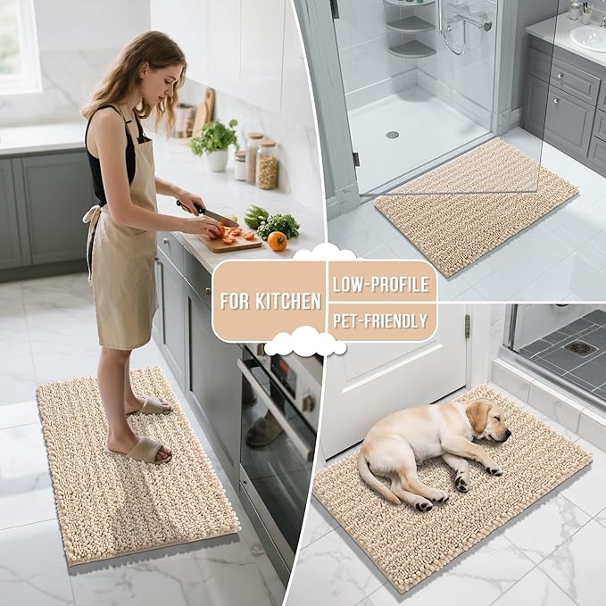 Yimobra Bathroom Rugs Sets 2 Piece - Quick Dry Extra Thick Luxury Chenille Bath Mat, Non Slip Super Absorbent for Tub Shower Sink, Machine Washable Shaggy Floor Mat, 32"x20"+24"x17" Inch, Light Brown