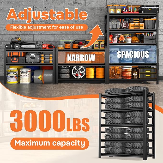 Heavy Duty Metal Garage Shelving, 5-Tier Adjustable Shelves, Steel Storage Rack for Garage, Basement, Workshop, 3000 lbs Capacity