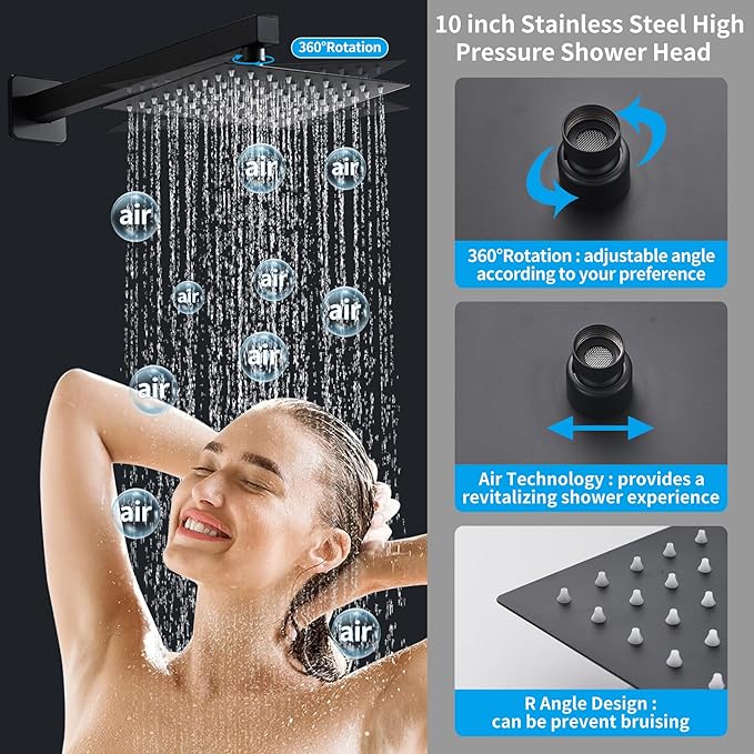 10 Inch Matte Black Shower Faucet Set with Rain Shower Head and Handheld Spray, Wall Mounted Rainfall Shower Head with Handheld Combo, Bathroom luxury Shower System with Valve and Trim