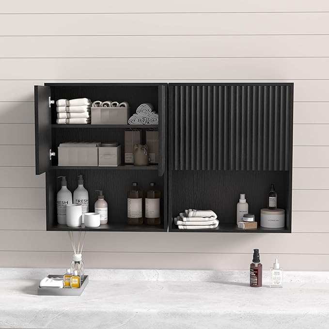 Fluted Bathroom Wall Cabinet Over The Toilet Storage,Wall Mounted Cabinet with Adjustable Shelf,Floating Cabinet Organizer Hanging Cabinet,Kitchen and Laundry Room Cabinets (Black-2 PCS)