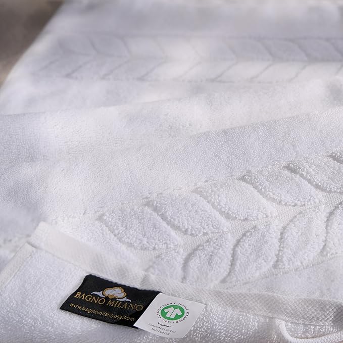 BAGNO MILANO Organic Turkish Cotton Bath Towels, Luxury Jacquard Collection, Certified Organic Highly Absorbent, Soft-Plush Towel Set (White, Bathsheet)