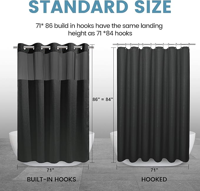 Black Long Shower Curtain with Liner - 230GSM Waffle Textured Heavy Duty Shower Curtains for Bathroom,71W x 86H