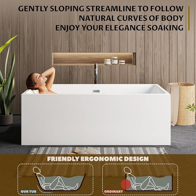 67" Acrylic Soaking Bathtub, Deep Modern Tub with Non-Slip Base, CUPC Certified, Space-Saving Bath with Chrome Drain and Overflow, Easy Install for Small Bathrooms, White