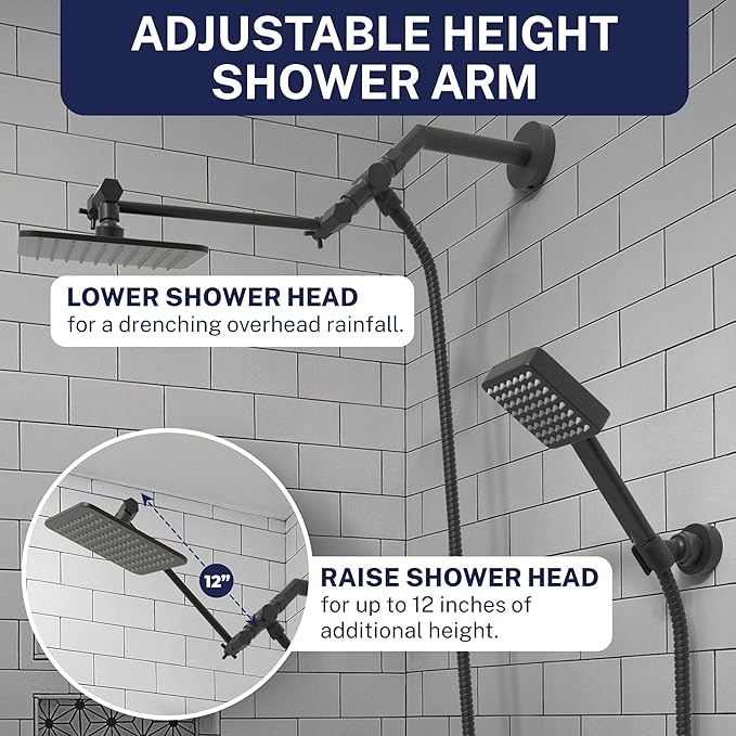HammerHead® Solid Metal Dual Shower Head Combo — 8" Square Rain Shower Head with Handheld, 12" Adjustable Arm & Wall-Mount Holder for Flexible Installation — Matte Black