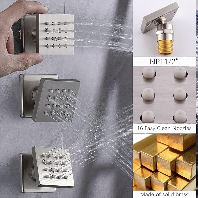 Digital Tempreature Display Full Body Shower System Wall Mounted 8 Inch Rain Shower System with 6 PCS Body Jets, Handheld Spray, Brushed Nickel Shower Fixtures
