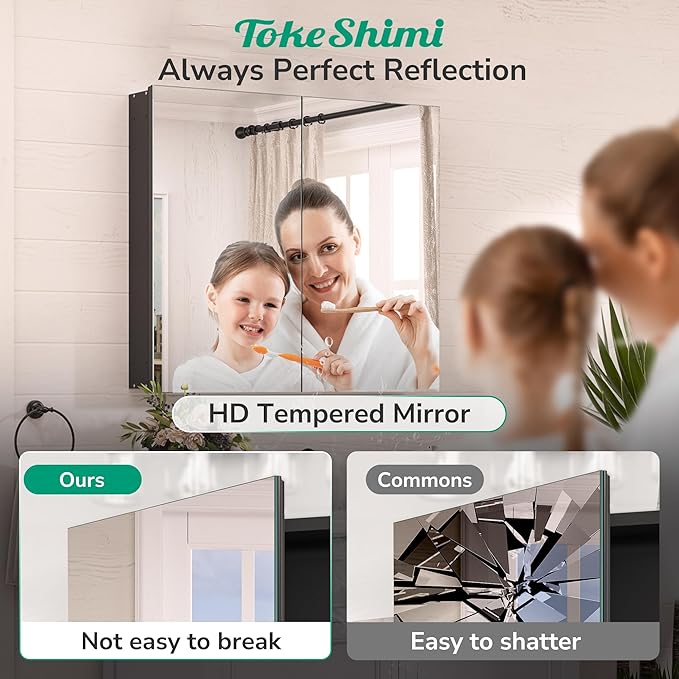 TokeShimi 36 x 24 Recessed Medicine Cabinet Mirror with Storage Black, Aluminum Tempered Wall Medicine Cabinet Mirror Bathroom with Adjustable Metal Shelves Modern