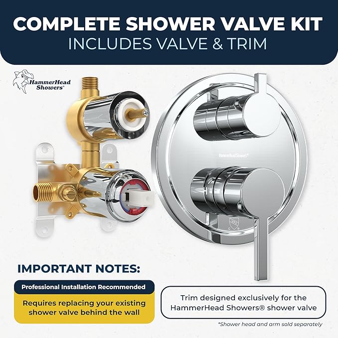 HammerHead Showers Solid Metal Shower Valve and Trim Kit, Two-Handle Volume and Temperature Control with Integrated Diverter, Pressure Balance Rough-In Valve Included, Chrome