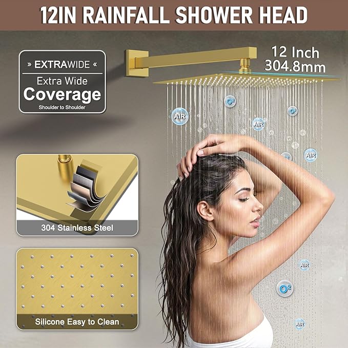 Shower Faucet Set Brushed Gold Shower System, Push Button Diverter 3-Way Shower Valve Kit, Wall Mount 12 Inch Overhead Shower Head with 6 Inch Side Spray Shower Head, 4 Modes Flow Handheld Shower