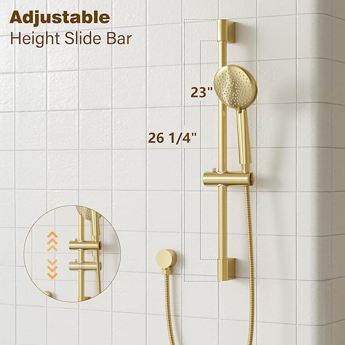 Gabrylly Shower System Gold, Slide Bar Shower Faucet Set with High Pressure 10" Rain Head and 5-Setting Handheld Spray, 2 Way Pressure Balance Valve with Trim Kit, Brushed Gold