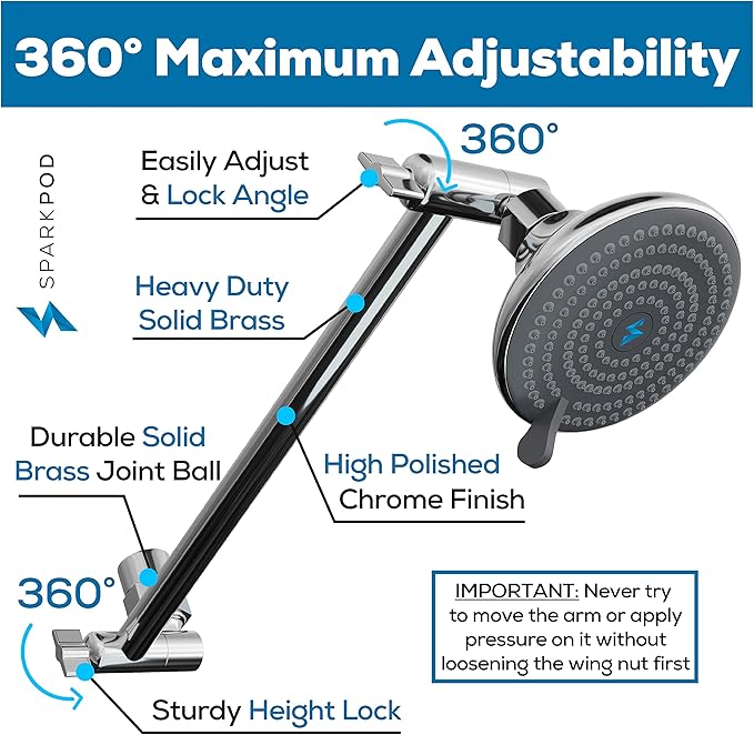 SparkPod 11" Solid Brass Shower Head Extension Arm - Flexible Height & Angle Adjustable Shower Arm Extension for Rain Showerheads with Sturdy Lock - Universal Pipe Connection (Luxury Polished Chrome)