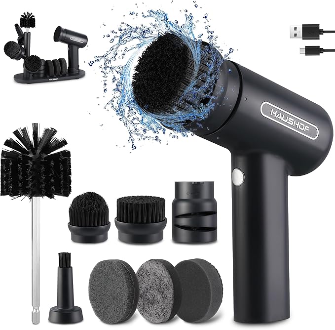HAUSHOF Electric Spin Scrubber, Cordless Dish Scrubber Brush with 8 Replaceable Heads & 3 Speeds, Power Scrubber Electric Scrubber for Cleaning Kitchen, Sink, Bathroom, Knife Sharpener Included