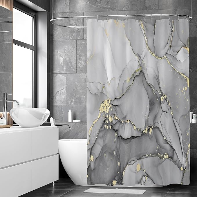 Extra Long Shower Curtain 72 x 96 Inch, Grey Floor to Ceiling X-Long Abstract Marble Shower Curtains for Bathroom, Modern Luxury Art Ink Fabric Shower Curtain Set with Hooks