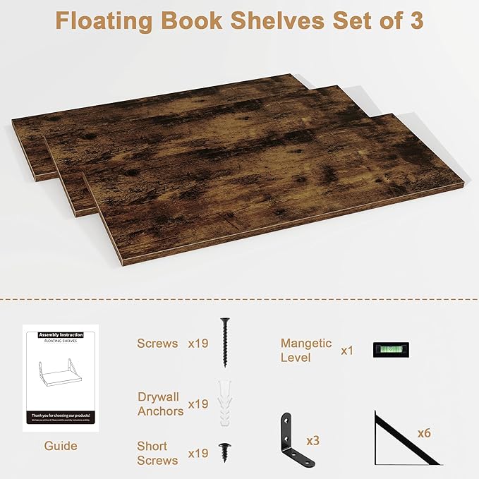 Fun Memories Floating Bookshelves, Set of 3 Wall-Mounted Wood Shelves 24" W x 8" D, Decorative Wall Shelf for Living Room, Bedroom, Bathroom, and Laundry Room (Rustic Brown)