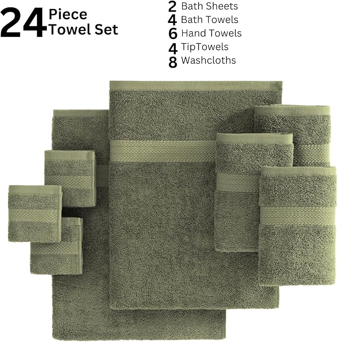 LANE LINEN Cotton Towels for Bathroom - 24 PCs - Highly Absorbent, Durable & Soft - 4 Bath, 4 Fingertip, 6 Hand Towels, 8 Washcloths, 2 Bath Sheets - Family Bundle Pack - Oil Green