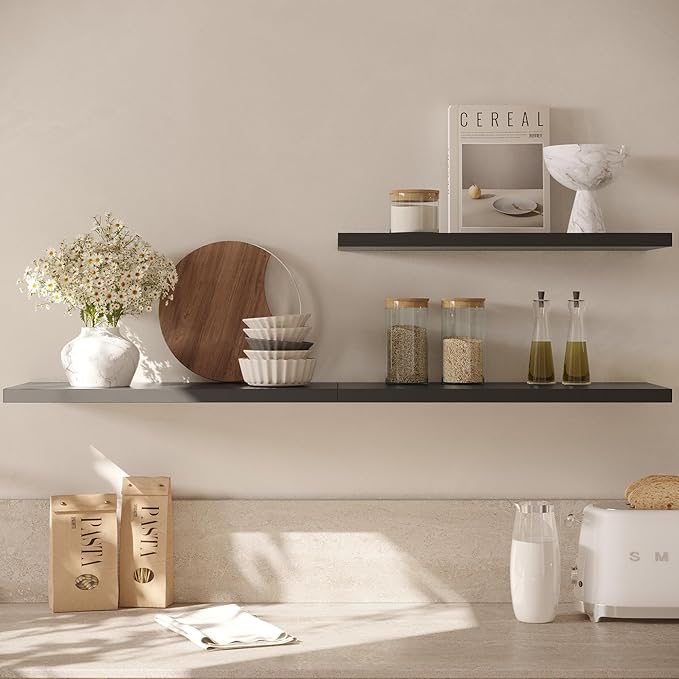 Wall Shelf Set of 3, Black Floating Shelves 36 in W x 10 in D x 1 in H, Wooden Floating Wall Shelf with Invisible Brackets for Living Room/Bedroom/Bathroom/Kitchen Storage and Decor