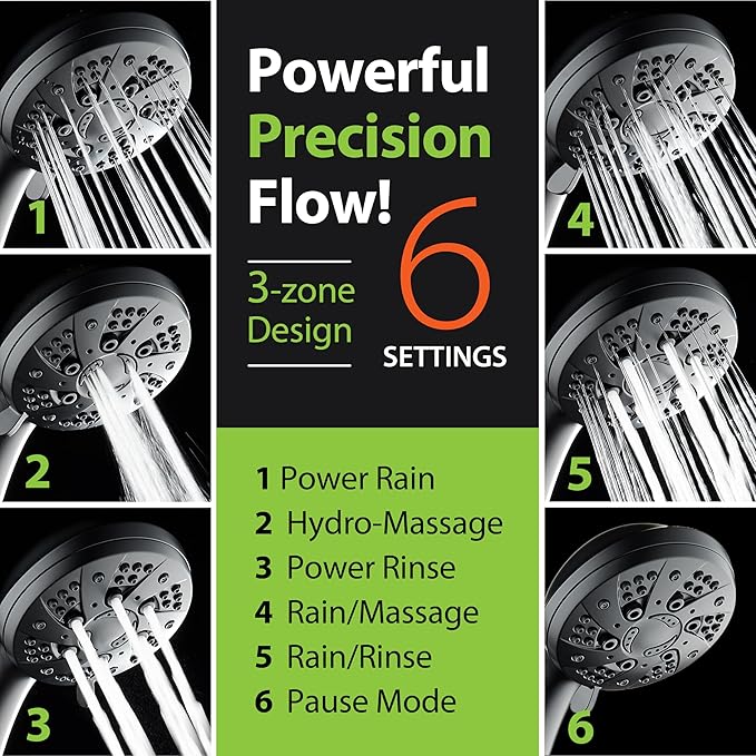 AquaDance High Pressure 6-Setting Matte Black Handheld Shower Head with Stainless Steel Hose. Officially Independently Tested to Meet Strict US Quality & Performance Standards!