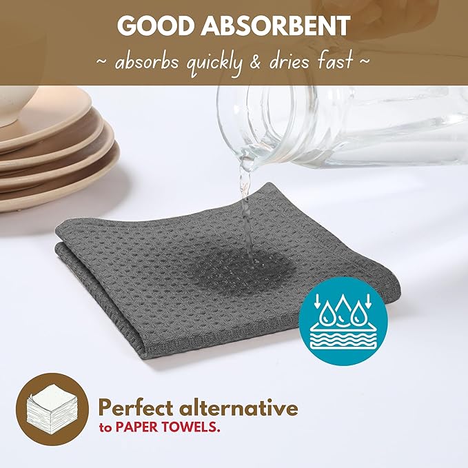 Native Fab Cotton Kitchen Towel with Hanging Loop 16x26 inches, 12-Pack, Waffle Weave Kitchen Towels for Cleaning Drying, Washcloths Soft & Absorbent Cloth Rags, Bar Towel, Dish Cloth, Grey