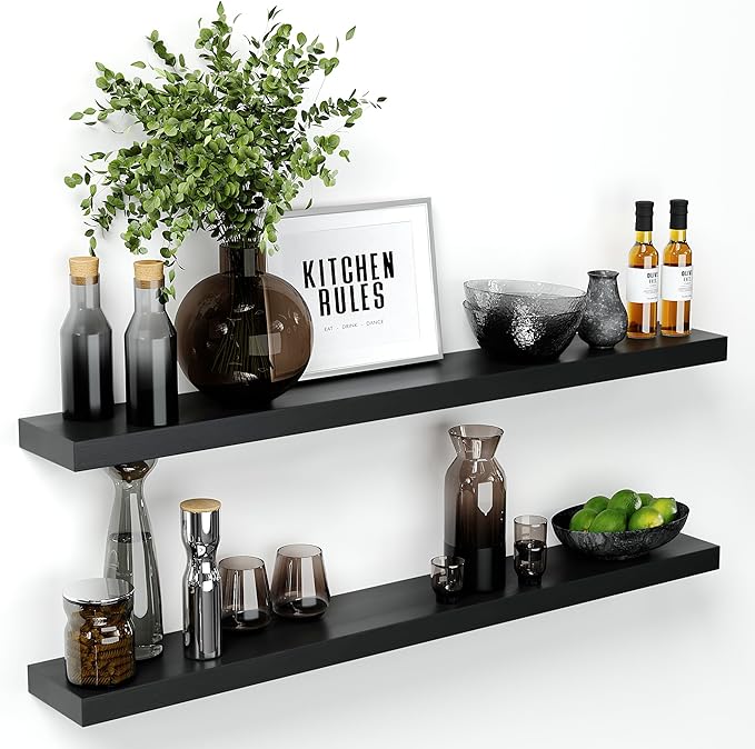 Homeforia Black Floating Shelf 48 inches, High End Solid Real Wood 48 inch Long Floating Shelves for Wall, Black Wooden 48inch Large Floating Shelves, Heavy Duty Bracket, 48 X 6.5 X 1.75 in, Set of 3