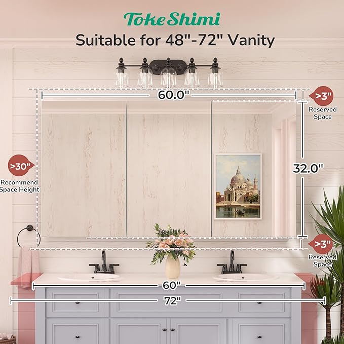 TokeShimi 60x32 Bathroom Medicine Cabinet with Mirror Tempered, Aluminum White Mirrored Medicine Cabinet Recessed or Surface Mount with Adjustable Storage Metal for Modern Farmhouse