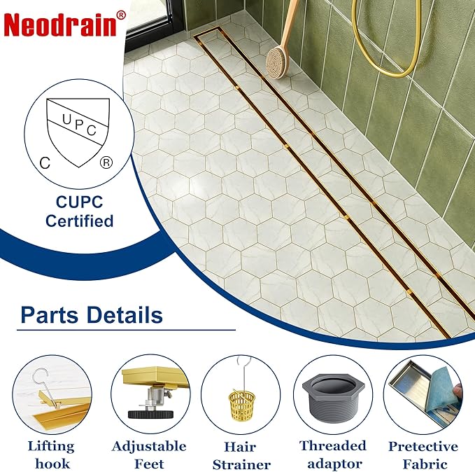 Neodrain 18-Inch Linear Shower Drain with Tile Insert Grate, Golden 304 Stainless Steel Rectangle Shower Floor Drain, Linear Drain with Leveling Feet, Hair Strainer