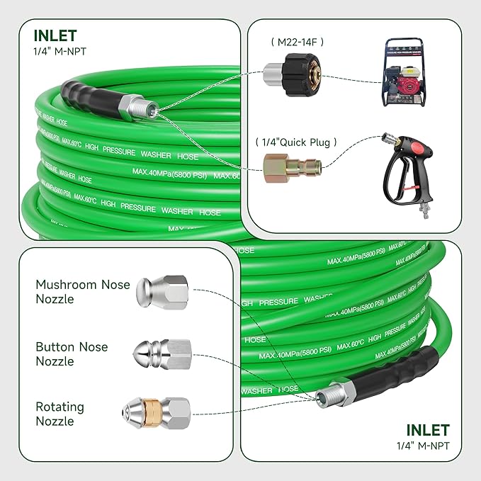 Sewer Jetter Kit for Pressure Washer 150FT – 5800PSI High-Pressure Drain Cleaner, M22 & 1/4'' NPT Universal Fit, Unclog Gutters & Sewer Lines, Durable Jetter Hose for Homeowners & DIYers