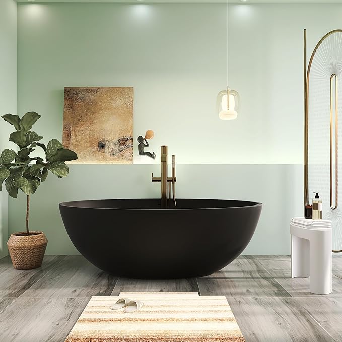 67" Premium Solid Surface Freestanding Bathtubs, Matte Black Oval Stone Resin Tub with Overflow and Pop-up Drain
