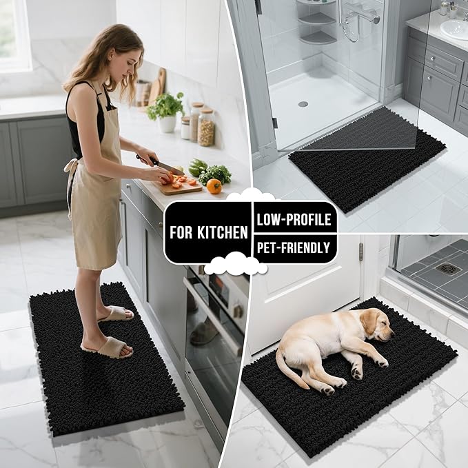 Yimobra Bathroom Rugs Sets 2 Piece - Quick Dry Extra Thick Luxury Chenille Bath Mat, Non Slip Super Absorbent for Tub Shower Sink, Machine Washable Shaggy Floor Mat, 44"x24"+24"x17" Inch, Black