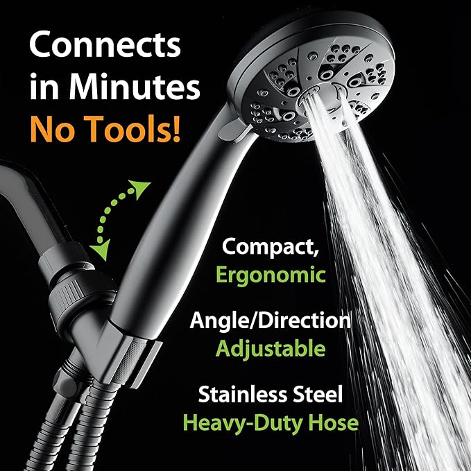 AquaDance High Pressure 6-Setting Matte Black Handheld Shower Head with Stainless Steel Hose. Officially Independently Tested to Meet Strict US Quality & Performance Standards!