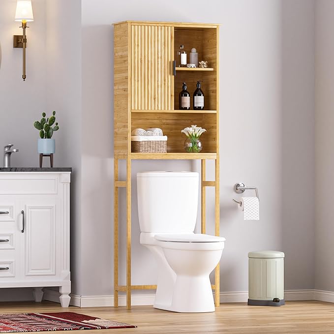 BlueWish Over The Toilet Storage Cabinet, Bamboo Over Toilet Storages with Fluted Door, Over The Toilet Cabinet Bathroom Organizer, Bathroom Shelf Over The Toilet, Storage Rack, Natural