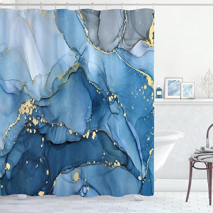 Long Shower Curtain 72 x 78 Inch, Tall Abstract Marble Shower Curtains for Bathroom Decor, Modern Luxury Art Decor Ink Texture Fabric Shower Curtain Set with Hooks, Blue