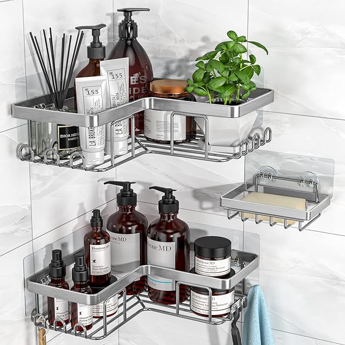 YASONIC Corner Shower Caddy, 3-Pack Adhesive Bathroom Caddy with Soap Holder and 12 Hooks, Rustproof Stainless Steel Shower Organizer, No Drilling Wall Mounted Shower Rack, Brushed Silver