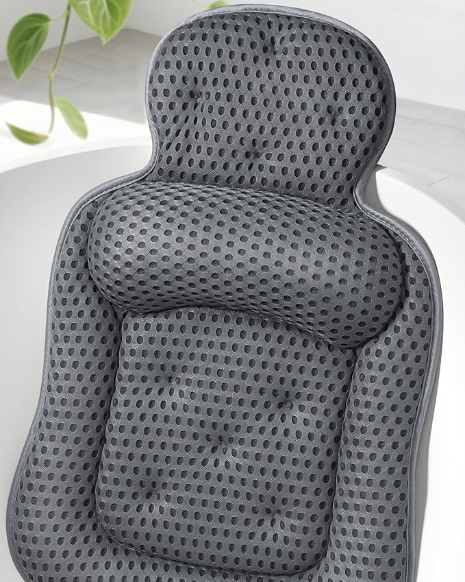 Bath Pillows for Tub, Cozy Bathtub Cushion for Head and Neck with Soft 3D Mesh Fabric and 54 Non-Slip Suction Cups, Relaxing Tub and Shower Accessories Spa Gift Gray Extra Thick