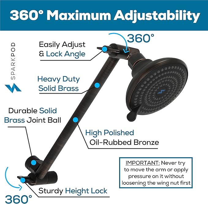 SparkPod 11" Solid Brass Shower Head Extension Arm - Flexible Height & Angle Adjustable Shower Arm Extension for Rain Showerheads with Sturdy Lock - Universal Pipe Connection (Oil-Rubbed Bronze)