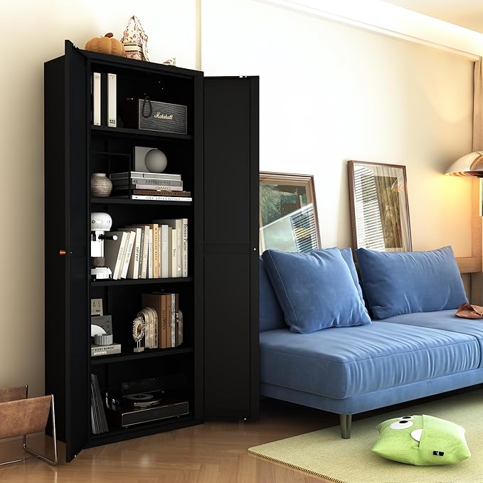 71" Tall Kitchen Pantry Storage Cabinet,Black Metal Storage Cabinets with Doors and Adjustable Shelves,5 Tier Kitchen Cupboard for Dining Room Office Bathroom